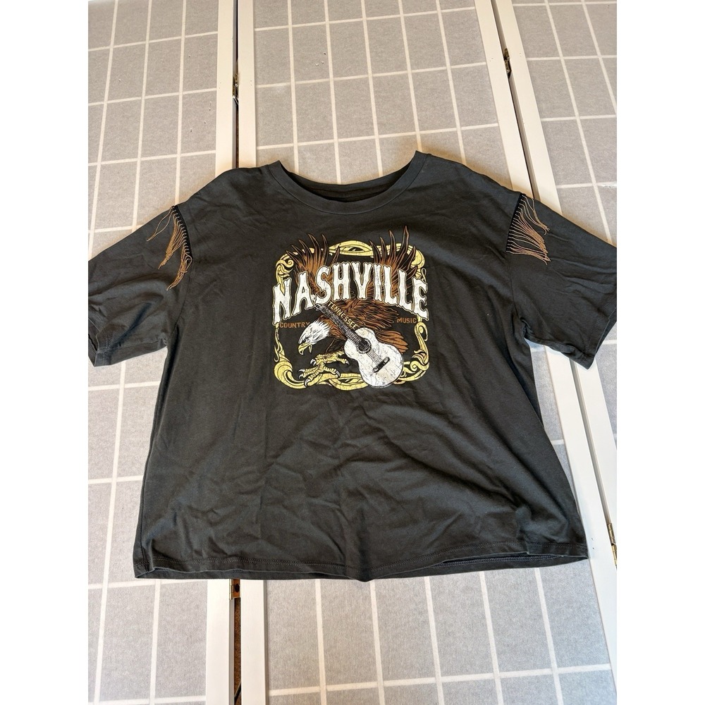 Y2K VTG‎ Organic Generation Nashville Chain Fringe Crop T-Shirt Top Sz XL Black